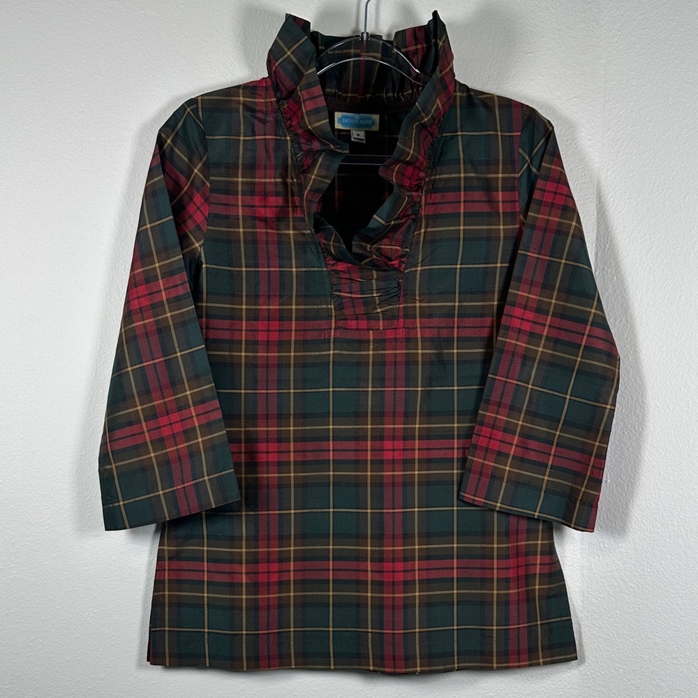 Devon Baer Silk Plaid Tunic Top 3/4 Sleeve Ruffle Neck Preppy Size M